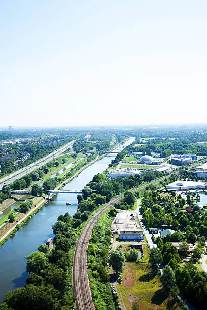 Aerial shot of Rhine-Herne-Canal from Gasometer in Oberhausen at summertime. View to east and Gelsenkirchen.