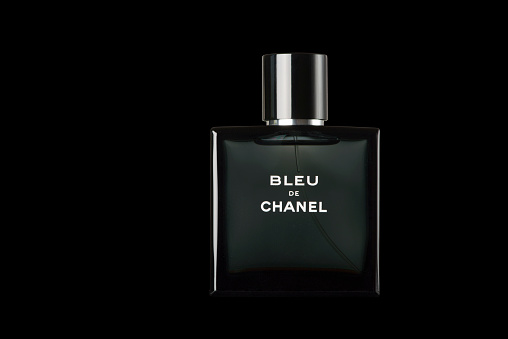 Antibes, France - August 11, 2015: Bleu de Chanel men's fragrance. French fashion house Chanel launched Bleu de Chanel eau de toilette in 2010.