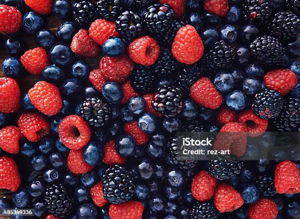 Blueberies Raspberries And Black Berries Shot Top Down Stock Photo - Download Image Now