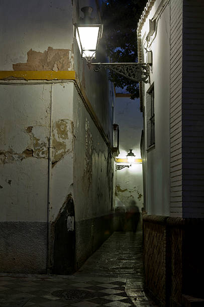 Alley at night in Old Seville stock photo