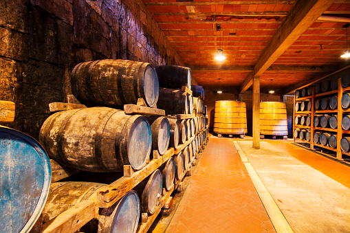 Photo of many barrels, in a cellar
