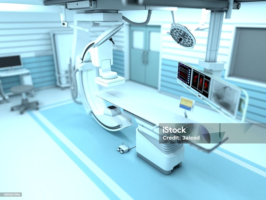 Interventional X-ray System 3D illustration of x-ray machine. Arteriogram Stock Photo