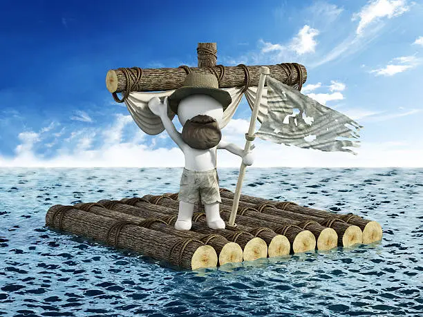 Castaway standing on the raft waving a white flag and calling for help.