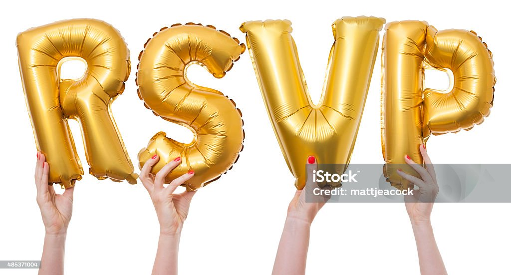 RSVP word made from gold balloons The word RSVP has been created by female hands holding individual letter balloons. Each balloon is being held against a plain white background by a caucasian female hand. The Balloons are inflated and made from a shiny reflective gold material. RSVP Stock Photo
