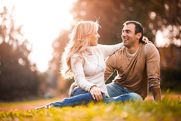 istock Romantic couple talking to each other at sunset. 485371416