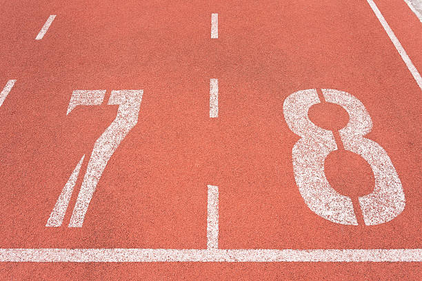 istock Athletics track lane number seven and eight 485373270