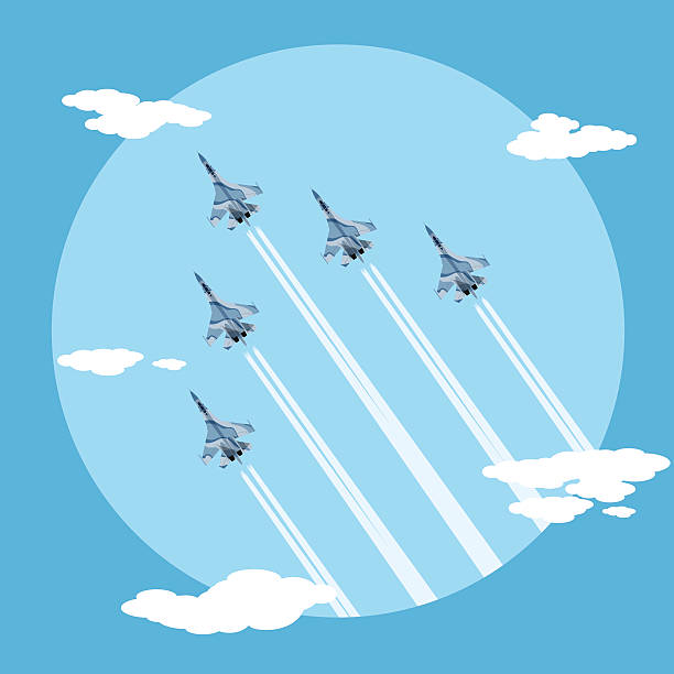 fighter planes picture of five fighter planes flying combat order, flat style illustration air show stock illustrations