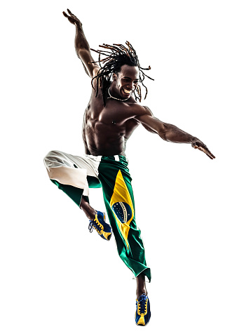one Brazilian black man dancer dancing jumping on white background