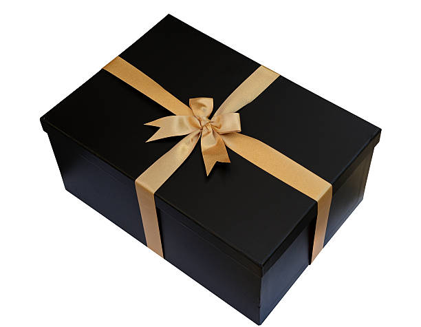 istock Black Gift box, gold ribbon and bow isolated (clipping path) 485376618
