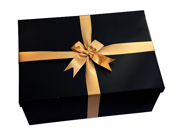 istock Black Gift box, gold ribbon and bow isolated (clipping path) 485376624