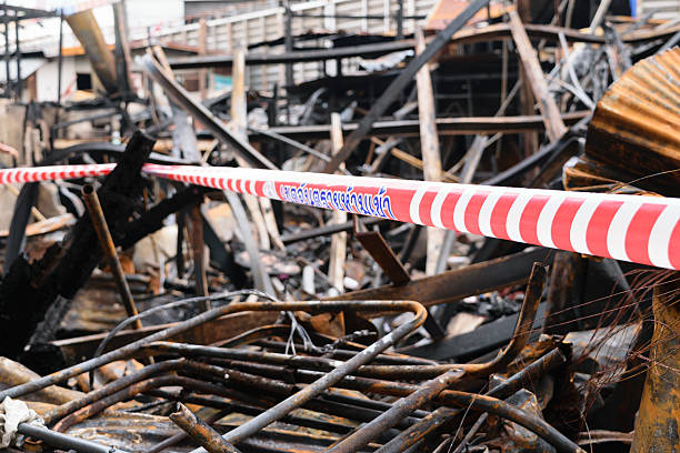 istock Conflagration with Rope barrier no entry word 485376918