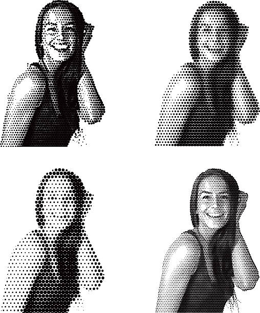 Halftone Engraving Of A Happy Self Confident Woman Halftone pattern illustration of a happy, confident young woman. pointillism stock illustrations