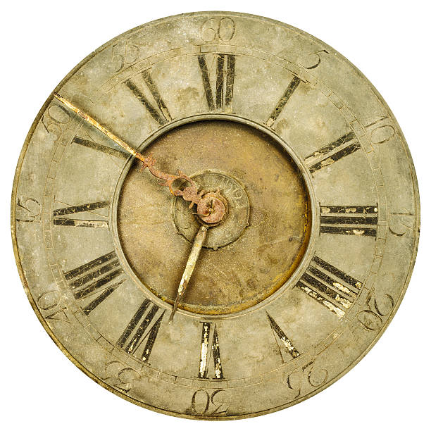 istock Vintage weathered clock face isolated on white 485378070
