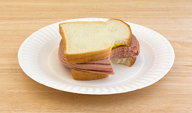 istock Large bitten bologna sandwich on paper plate 485381746