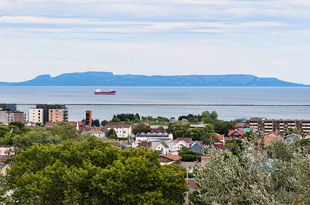 Thunder Bay, Ontario, Canada View of downtown Thunber Bay Ontario, Canada north ward and harbour from Hillcrest Park, with Sleeping Giant in background ontario canada photos stock pictures, royalty-free photos & images