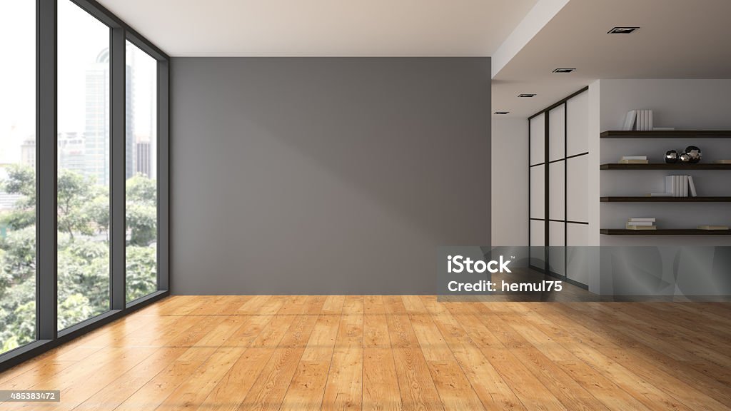 Salle vide avec livre shelfs Représentation en 3D - Photo de Pièce - Intérieur de maison libre de droits