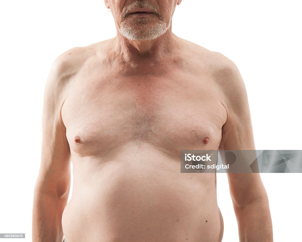 Senior man with naked torso Naked senior man with naked torso isolated on white background. Bare-chested elderly man. Naked breasts and nipples elderly man. Chest - Torso Stock Photo