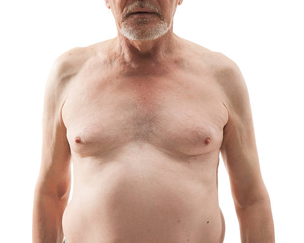 Senior man with naked torso Naked senior man with naked torso isolated on white background. Bare-chested elderly man. Naked breasts and nipples elderly man. chest torso stock pictures, royalty-free photos & images