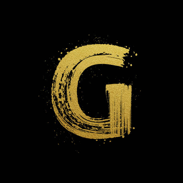 Gold glittering brush hand painted letter G Gold glittering letter G in brush hand painted style gold g stock illustrations