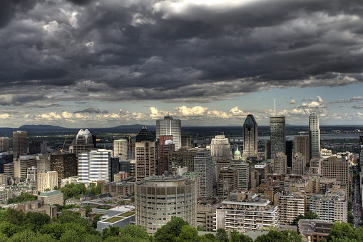 Montreal Downtown in Summer. Dark clouds and storm coming over the city.