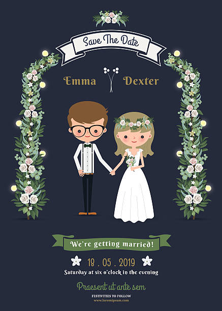 전원주의 낭만적임 말풍선이 있는 커플입니다 웨딩 카드 - wedding invitation invitation formalwear flower stock illustrations