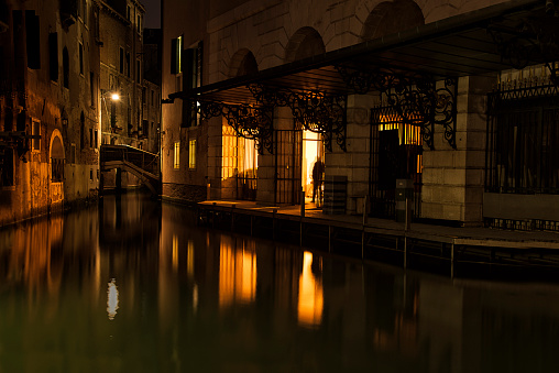 Stage door and surroundings of Venice's Opera house, La Fenice. Shot at night.