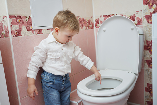 photo of little boy looks in the toilet