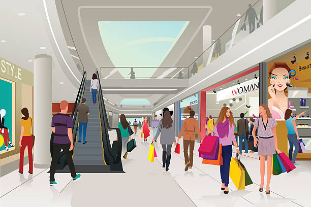people  shopping in a mall vector art illustration