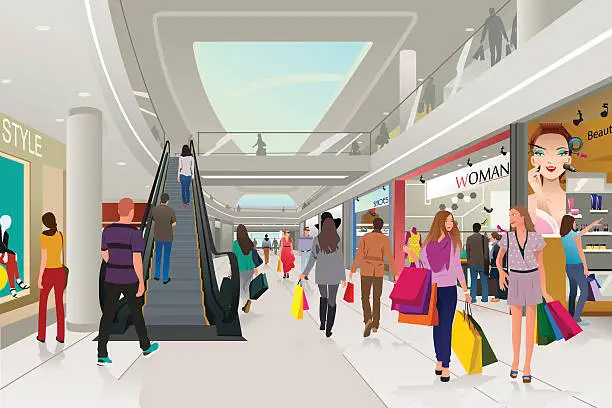 Vector illustration of people  shopping in a mall