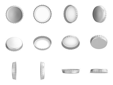 Metallic Bottle Caps , Different angles , Isolated on white , 3d render