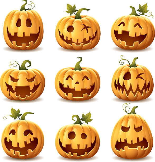 ilustraciones, imágenes clip art, dibujos animados e iconos de stock de halloween conjunto de calabaza - linterna de halloween ilustraciones