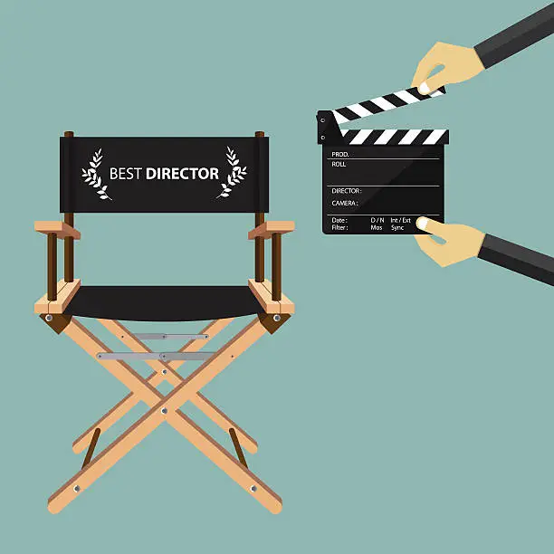 Vector illustration of Director chair in flat design with movie clapperboard. Vector.