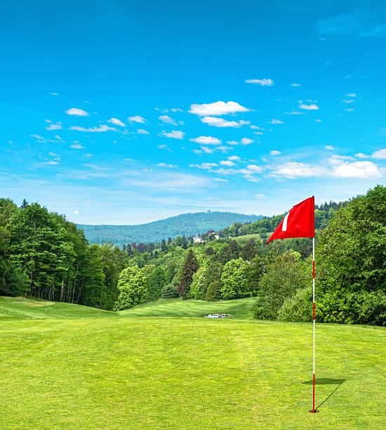 istock Green golf field and cloudy blue sky 485406524