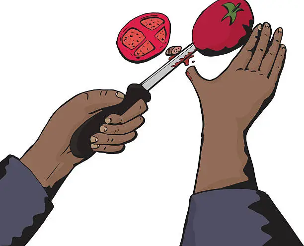 Vector illustration of Knife Cutting Thumb and Tomato