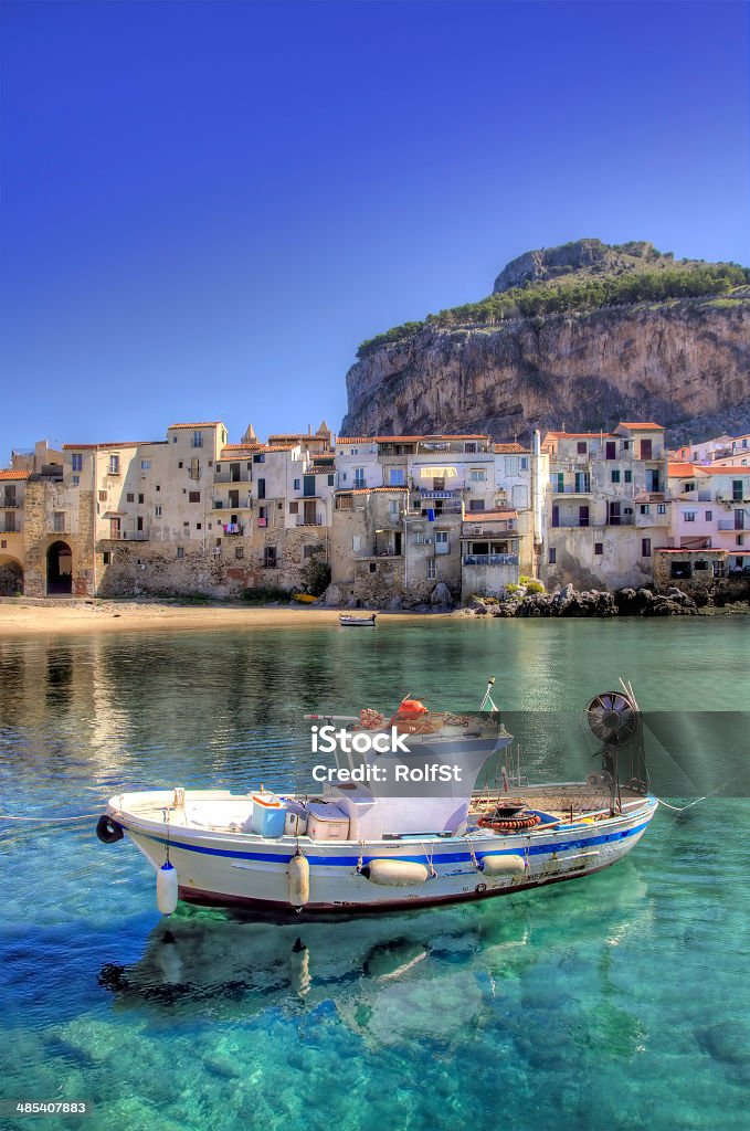 Cefalu River Boat moored in the port of Cefalu, Sicily Sicily Stock Photo