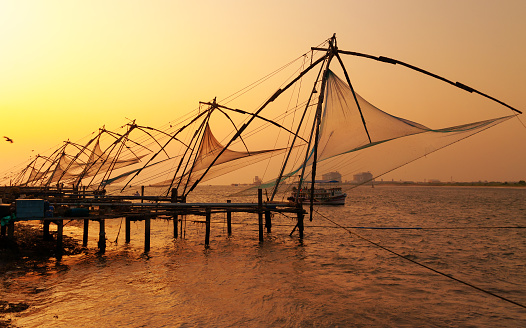 Chinese Fishing nets at sunset. Fort Kochi. Kerala. India