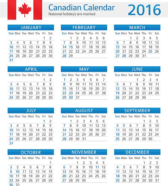 Vector illustration of Canada Calendar 2016