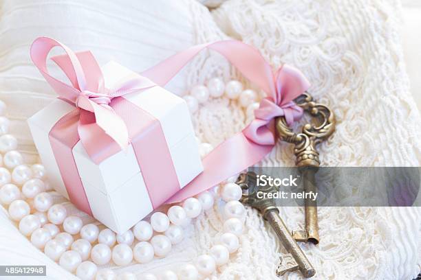 Gift Box And Keys Stock Photo - Download Image Now - 2015, Backgrounds, Birthday