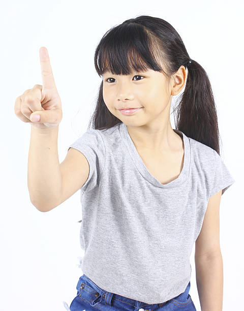 istock Little girl pointing up with her finger 485414810