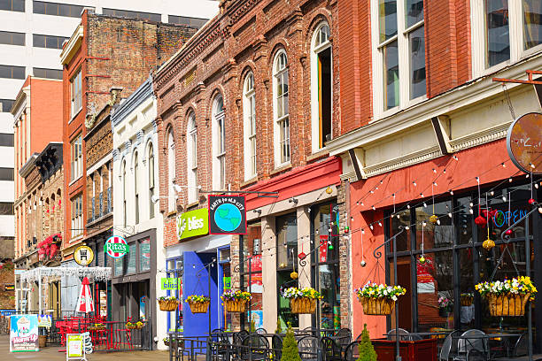 Knoxville Tennessee Downtown Restaurants and Bars on Market Square Photo of colorful restaurants, bars and businesses on Market Square in downtown Knoxville, Tennessee, USA. tennessee stock pictures, royalty-free photos & images