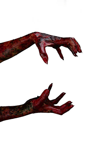 Bloody hands on a white background, zombie stock photo