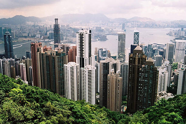Hong Kong cityscape at sunset, Skyscrapers, Buildings.