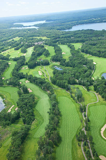 istock Aerial view of lakes area golf course showing several holes 485420974