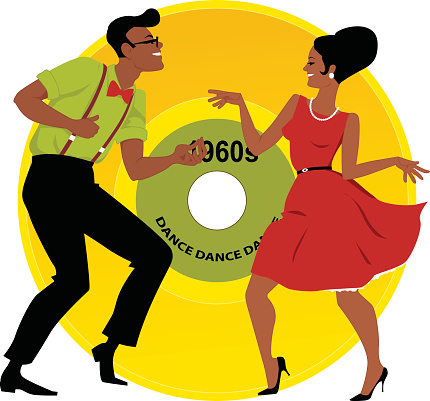 Stylish couple dressed in early 1960s fashion dancing the twist, vinyl record on the background, EPS 8