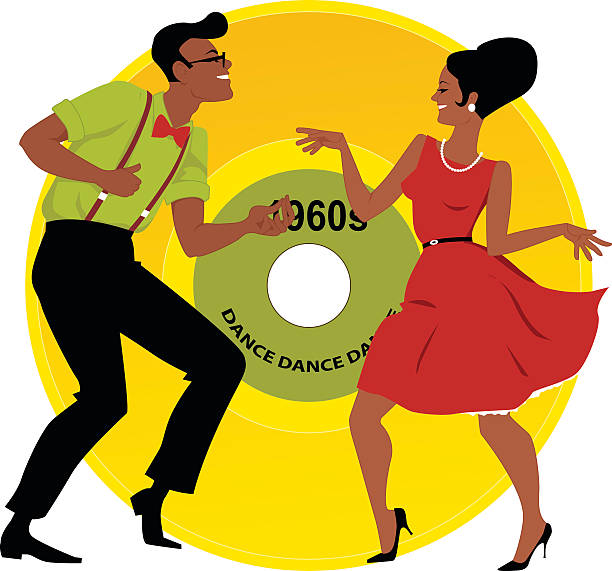 Mashed Potato Dance Stylish couple dressed in early 1960s fashion dancing the twist, vinyl record on the background, EPS 8 woman beehive stock illustrations