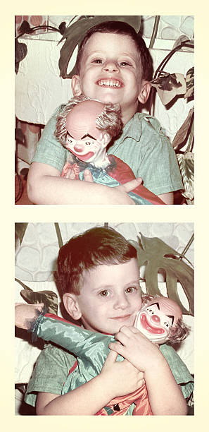 Old Fashion Boy Two  continuous pictures of a boy of the sixties playing with a toy. Retro colors from slides. clown photos stock pictures, royalty-free photos & images