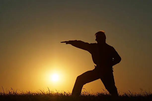Photo of Silhouette of man in karate exercises on horizon at sunset
