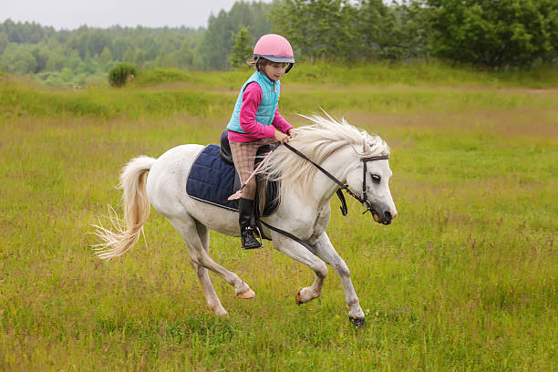 Young girl confident galloping horse on the field stock photo