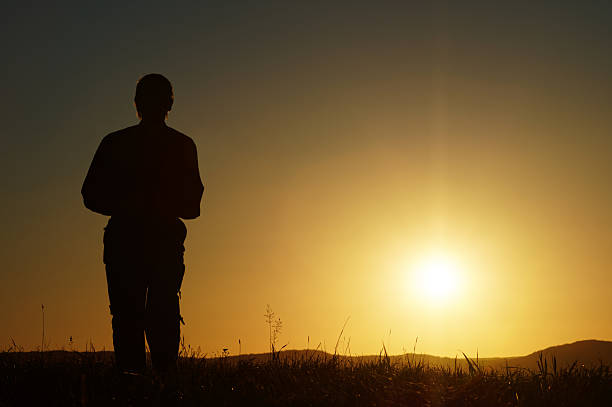 istock Silhouette of a man on a grassy horizon at sunset 485423116