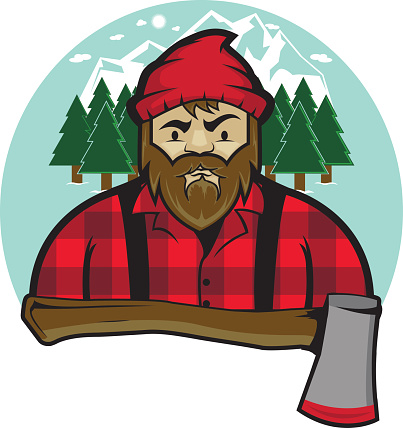 Retro looking bearded lumberjack in forest landscape with mountains in the background with an axe as the foreground of this illustration. 